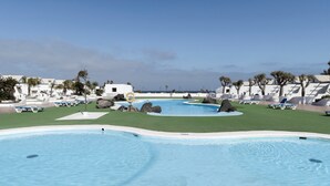Ampia piscina esterna con diverse corsie, circondata da lettini prendisole e palme.