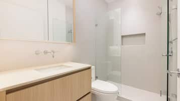 Shower, hair dryer, soap, toilet paper