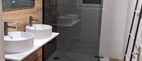 Shower, hair dryer, towels