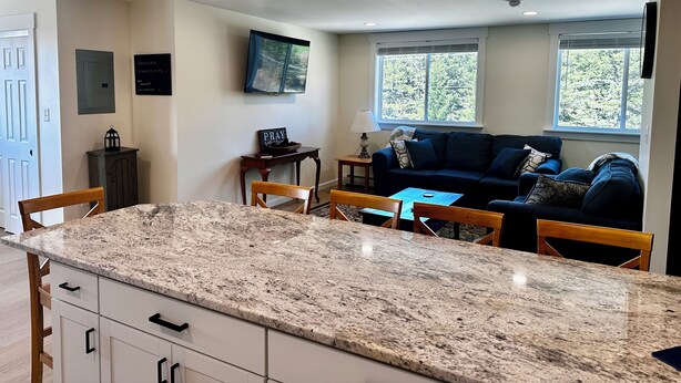 A kitchen with granite countertops, a dining area with chairs, a sofa, and a window with a view of trees. - MBA- New Apt w/Direct Access Snowmobile/ATV Trail (Presque Isle)