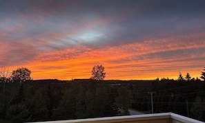 A sunset view from a balcony overlooking a forested area with a road in the distance.