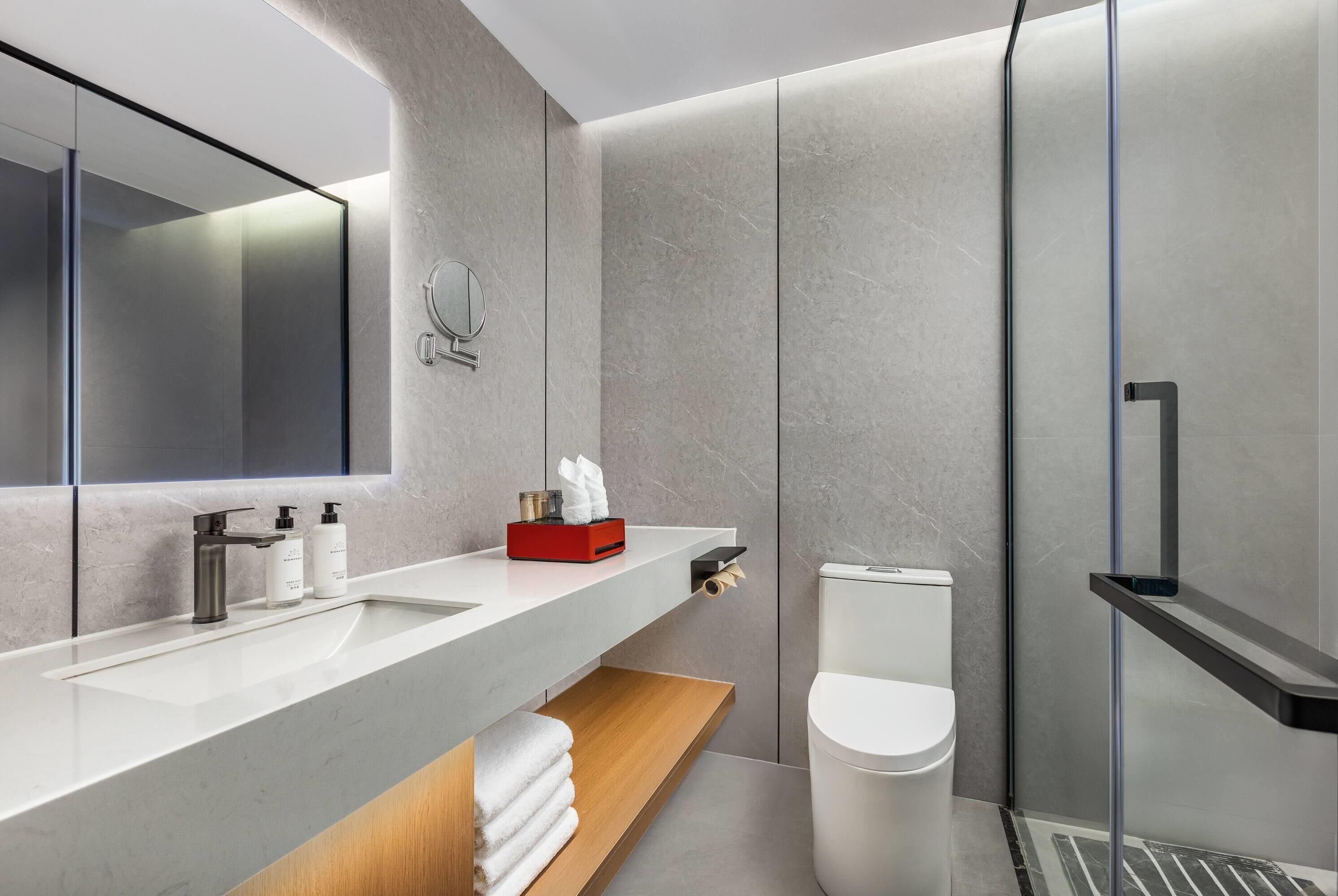 Une salle de bain moderne avec un grand miroir, un lavabo, des toilettes et un espace douche.