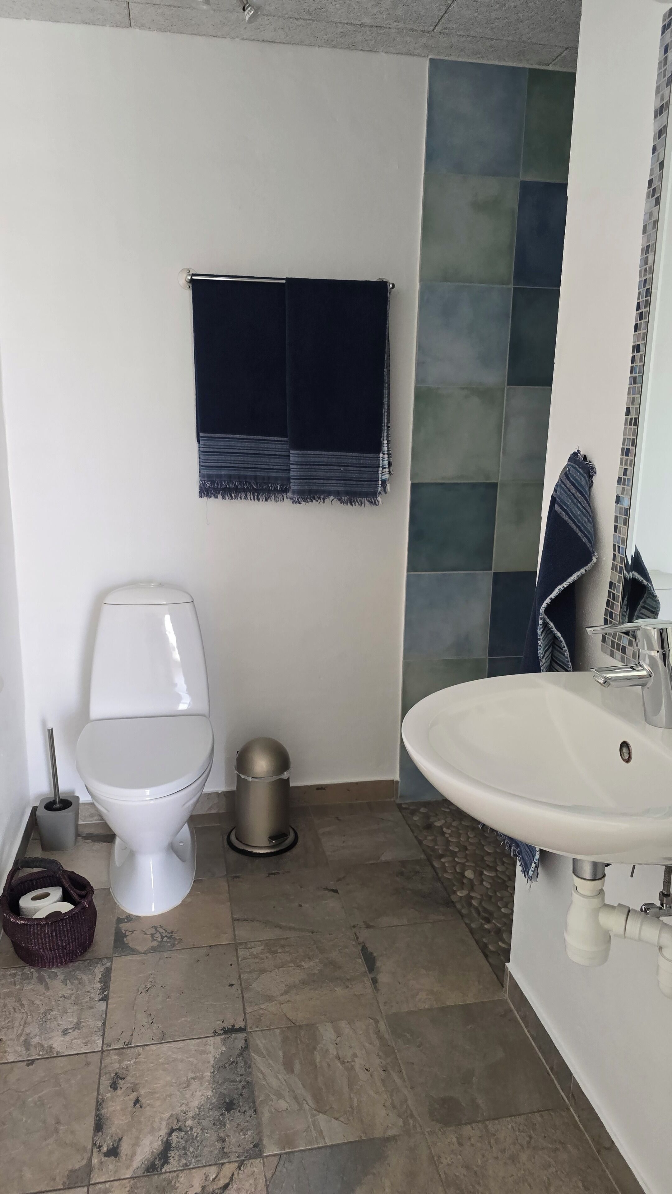A bathroom with a toilet, a trash can, a sink, and a towel rack.