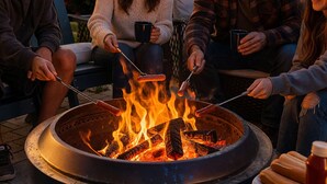 A group of people around a fire pit with a table of food and drinks nearby. - Modern 3BR Apt 1st Fl Parking, WiFi, Laundry, Walk to 30+ Shops & Restaurants (Providence)