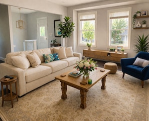 A living room with a beige sofa, a blue armchair, a wooden coffee table, and a large window with blinds.