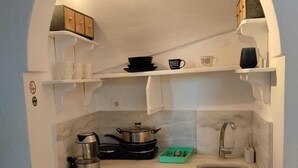 Una cocina compacta con refrigerador integrado, un lavamanos y una estufa.