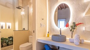Un baño con inodoro, ducha, lavamanos y espejo.