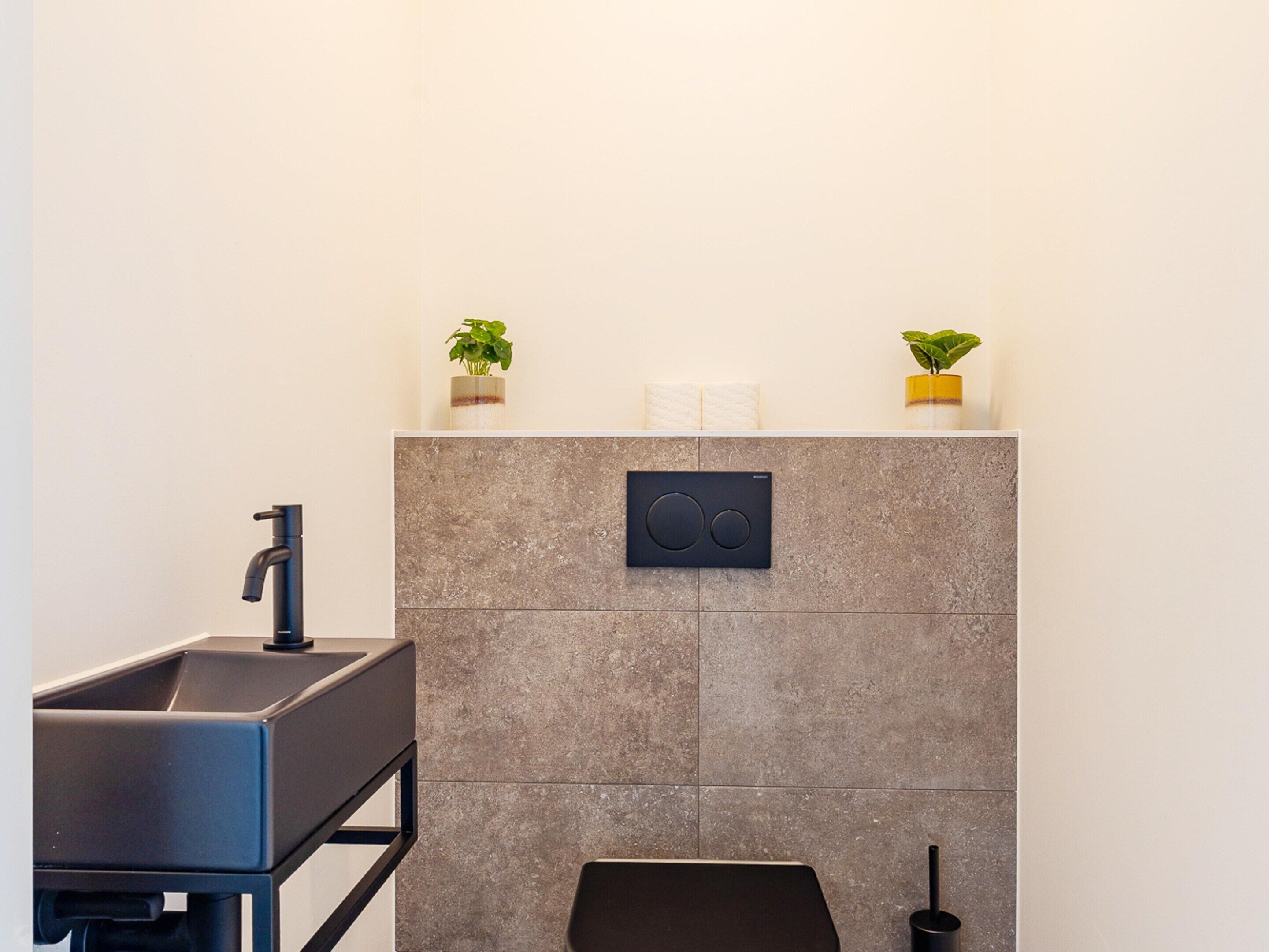 A modern bathroom with a black sink, a wall-mounted faucet, and a toilet. There are two potted plants on the wall.