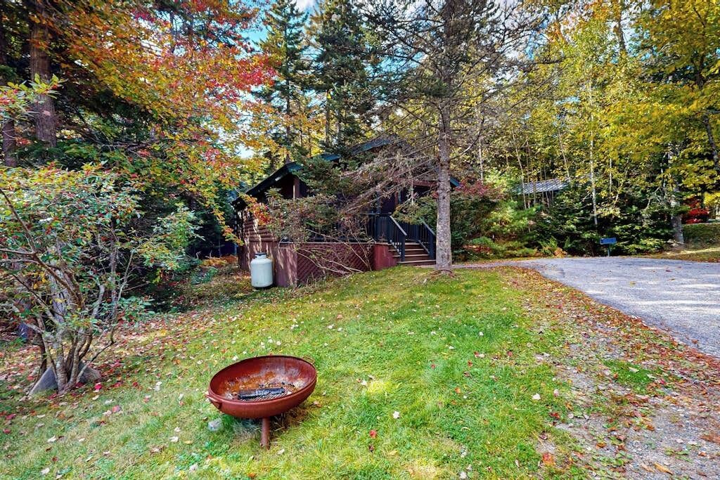 A rustic cabin surrounded by trees, a fire pit, and a gravel path.
