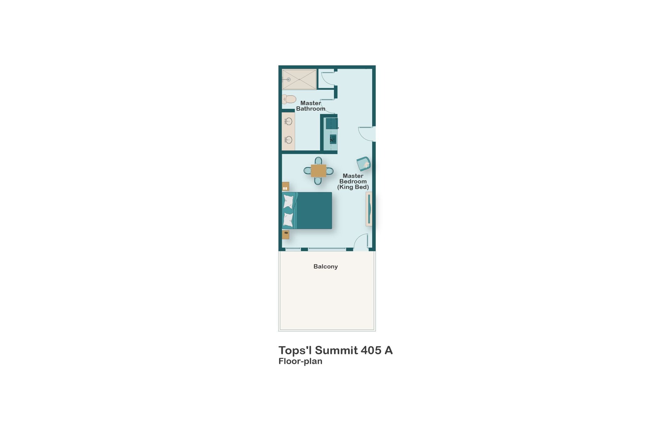 A floor plan of a hotel room with a balcony, a master bedroom (king bed), a master bathroom, and a dining area.