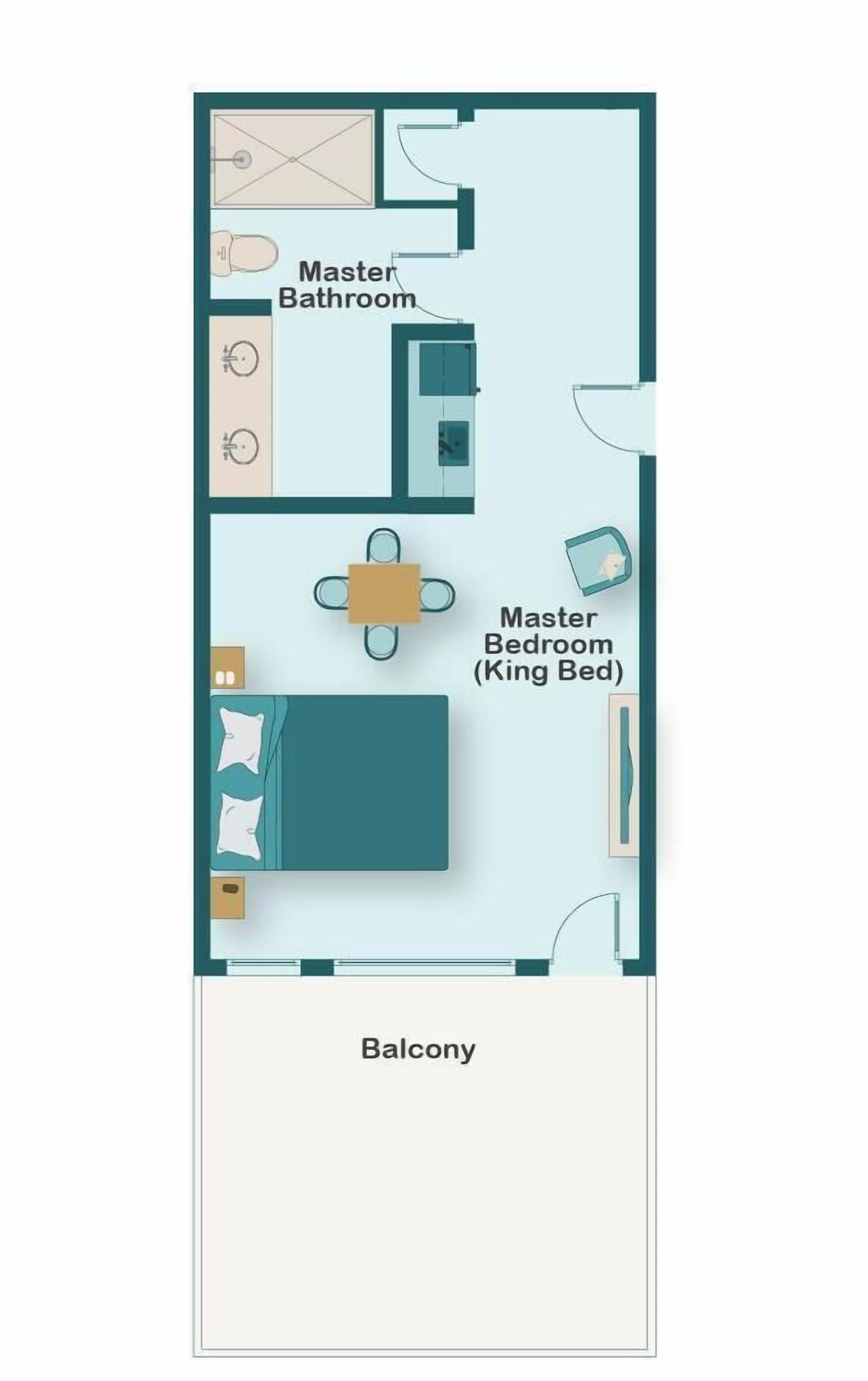 A floor plan with a master bedroom (King Bed), master bathroom, and balcony.