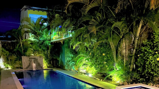 A swimming pool with a tiled edge, surrounded by lush greenery and a stone wall. - Beautiful Leisure House (Trancoso)