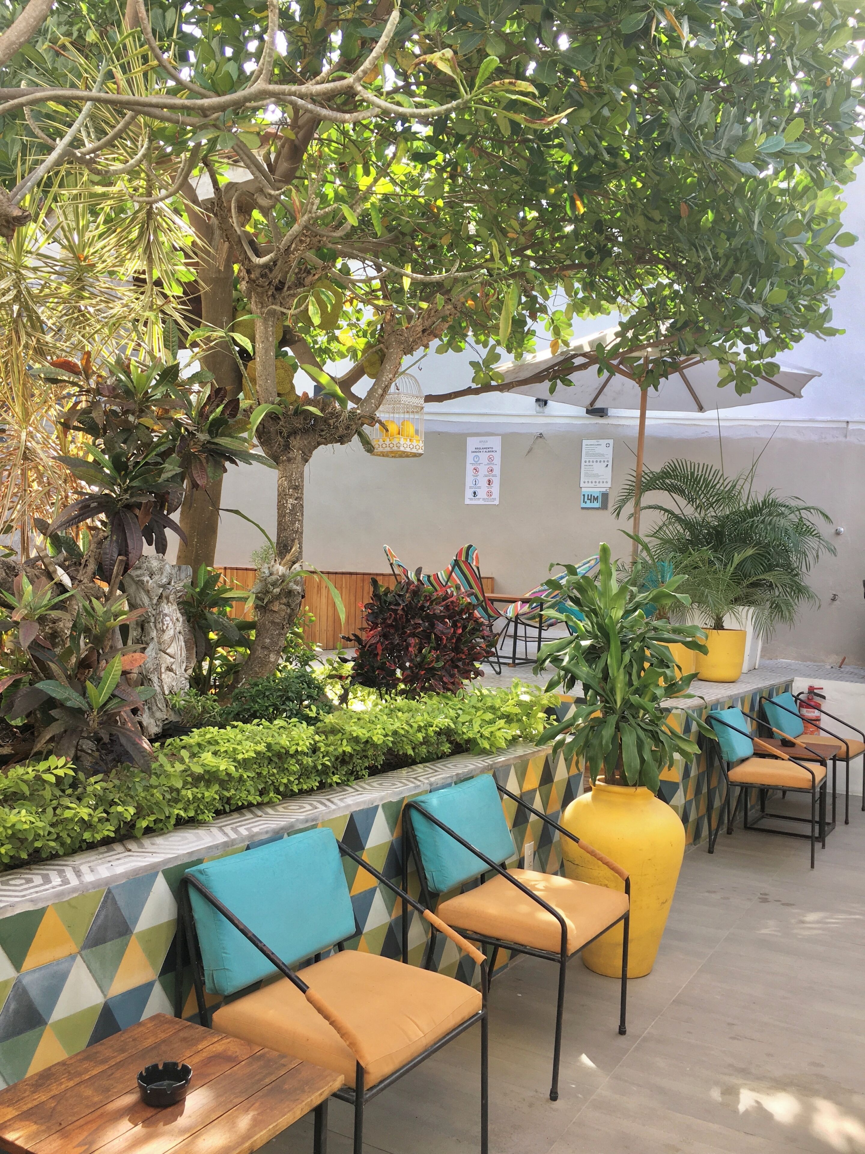 An outdoor seating area with tables and chairs, surrounded by greenery and a tiled wall.