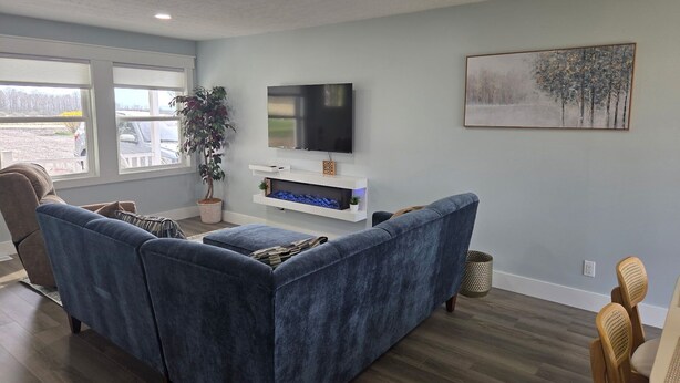 A living room with a blue sofa, a TV, a plant, and a painting on the wall.