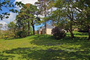 A house surrounded by trees and grass.