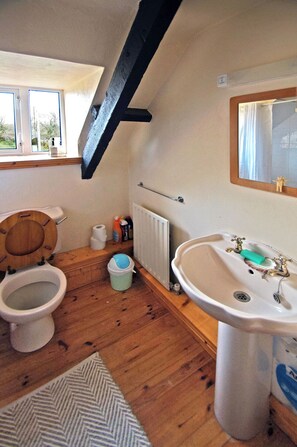 A bathroom with a wooden toilet, a sink with a mirror, and a window with a view.