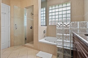 Shower, jetted tub, hair dryer, towels