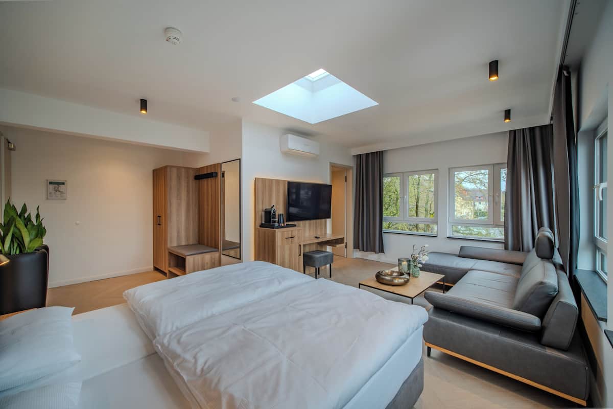 Una habitación de hotel moderna con cama, sofá, televisión y tragaluz.