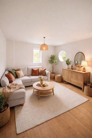 A living room with a sofa, coffee table, wooden cabinet, and potted plants. - 3-BR Bungalow w/ Spacious Living & Private Garden (Lincolnshire)