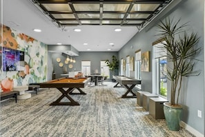 A room with a pool table, a large potted plant, and a colorful abstract wall art. - IRIE Living-Serene Kg 2Bd Gym Pool, NEW! (Whitestown)