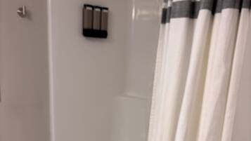 Hair dryer, towels, soap, shampoo