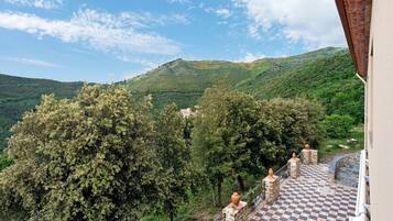 A terrace with a checkered floor, stone balustrades, and a view of a mountainous landscape.