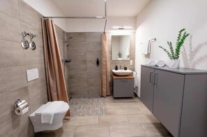 Een douche, een haardroger, handdoeken, zeep