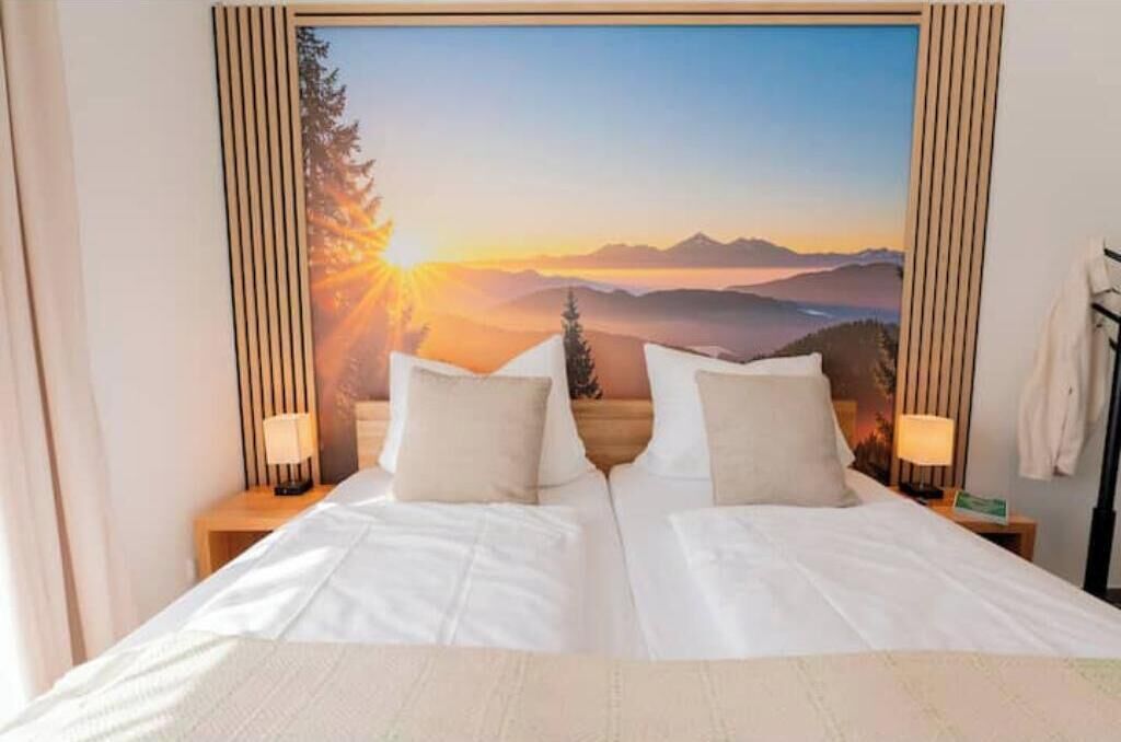 A double bed with two pillows, a nightstand with a lamp, and a wall-mounted painting of a mountain landscape.