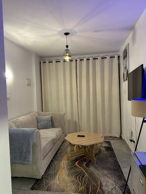 Una sala de estar con sofá, una mesa de centro, un televisor y un tapete estampado.