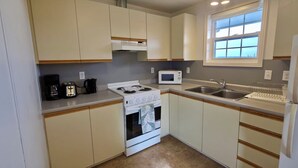 Una cocina compacta con estufa, microondas, lavamanos y ventana.