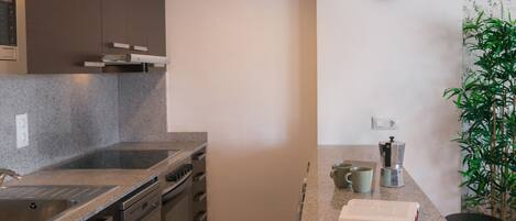 A modern kitchen with a granite countertop, stainless steel appliances, a clock on the wall, and a potted plant.