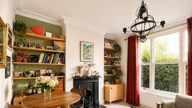 Un salon chaleureux avec une cheminée, des étagères à livres et un coin repas comprenant des chaises et une table.