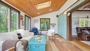 Smart TV, fireplace, books, stereo