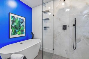 Chuveiro, secador de cabelo, toalhas de banho, shampoo