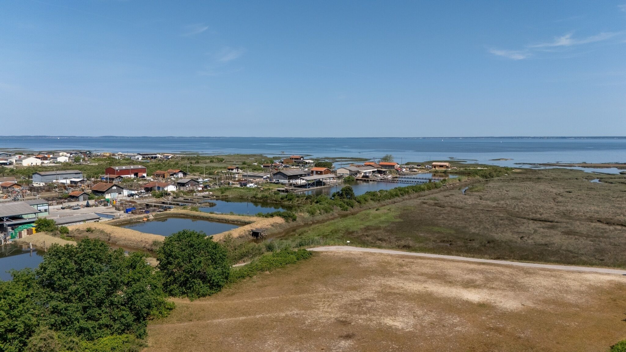 A coastal town with houses, a dock, and a body of water.