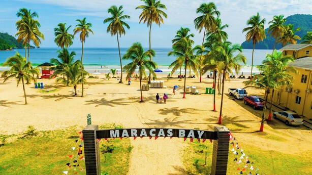 Une plage bordée de palmiers, un panneau indiquant « MARACAS BAY », et des voitures garées.