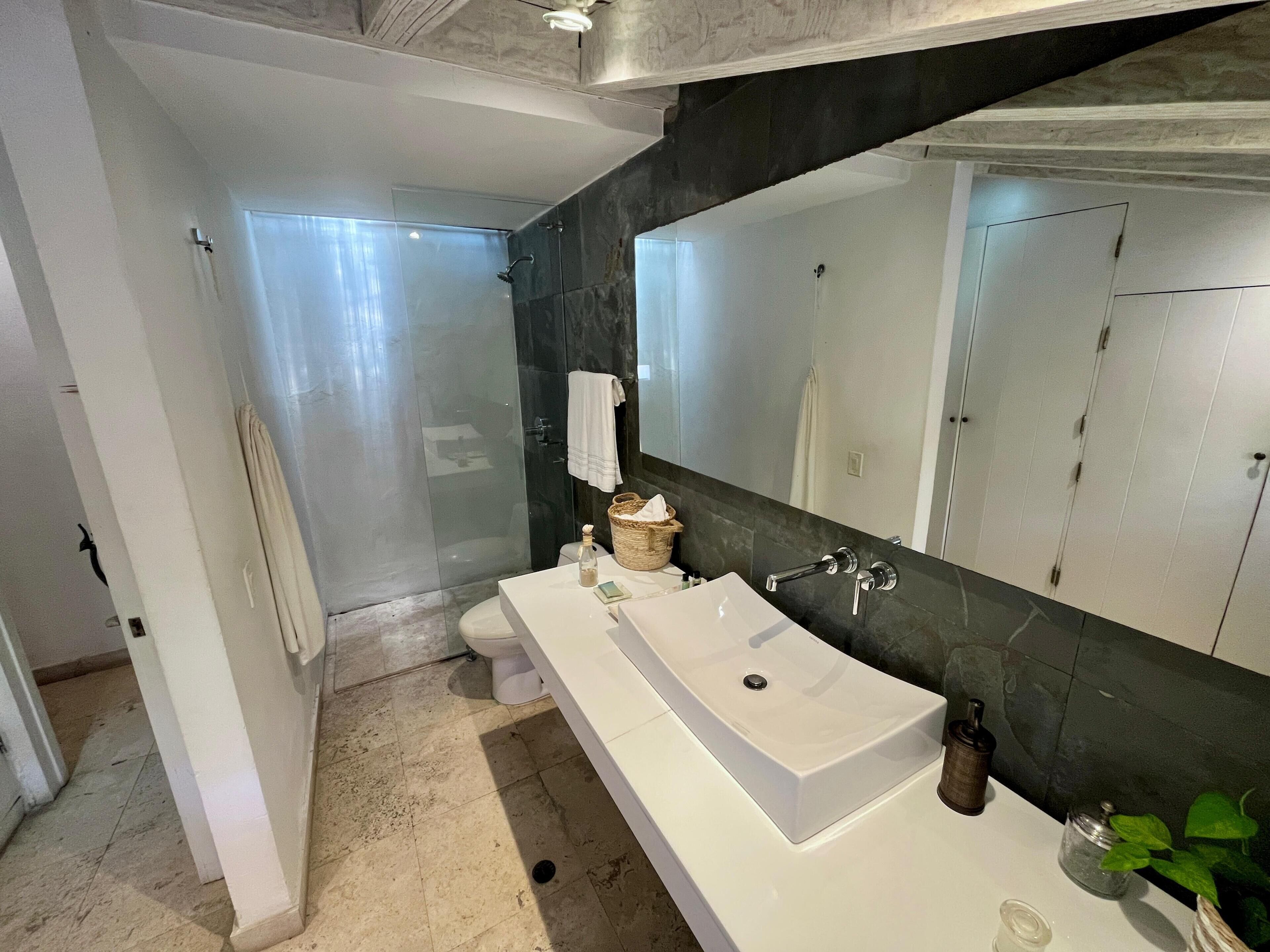 Shower, towels, soap, shampoo