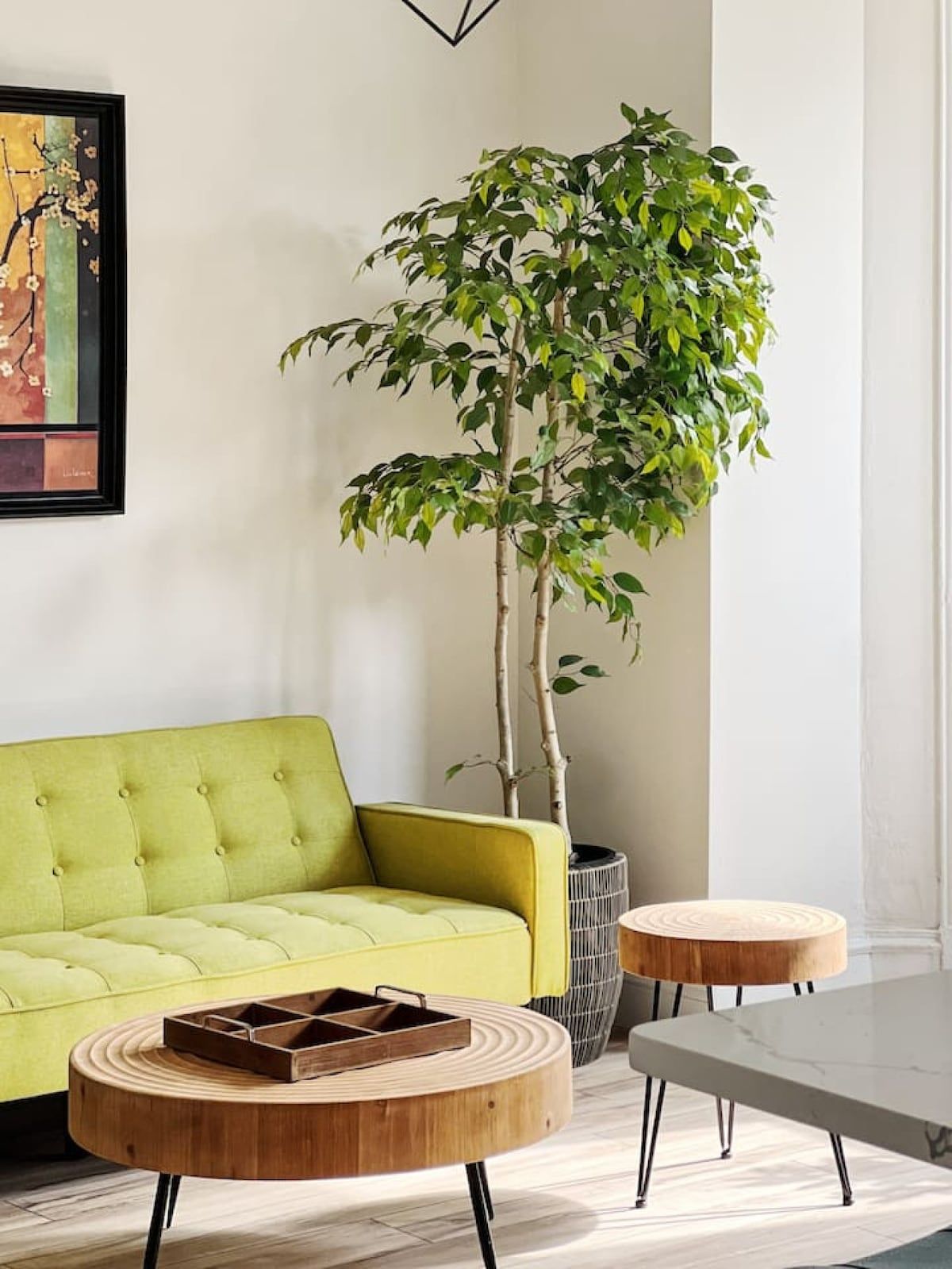 A room with a green sofa, a wooden coffee table, a potted plant, and a painting on the wall.