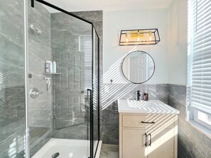 Hair dryer, towels, soap, toilet paper