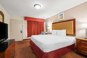 Una habitación de hotel con una cama grande, televisor, escritorio y una silla.