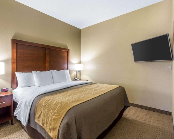 Una habitación de hotel con una cama, mesitas de noche, un televisor montado en la pared y piso alfombrado.