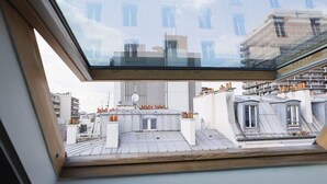 Ventana de tragaluz con vista a un paisaje urbano, incluyendo edificios y tejados.