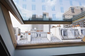 Ventana de tragaluz con vista a un paisaje urbano, incluyendo edificios y tejados.