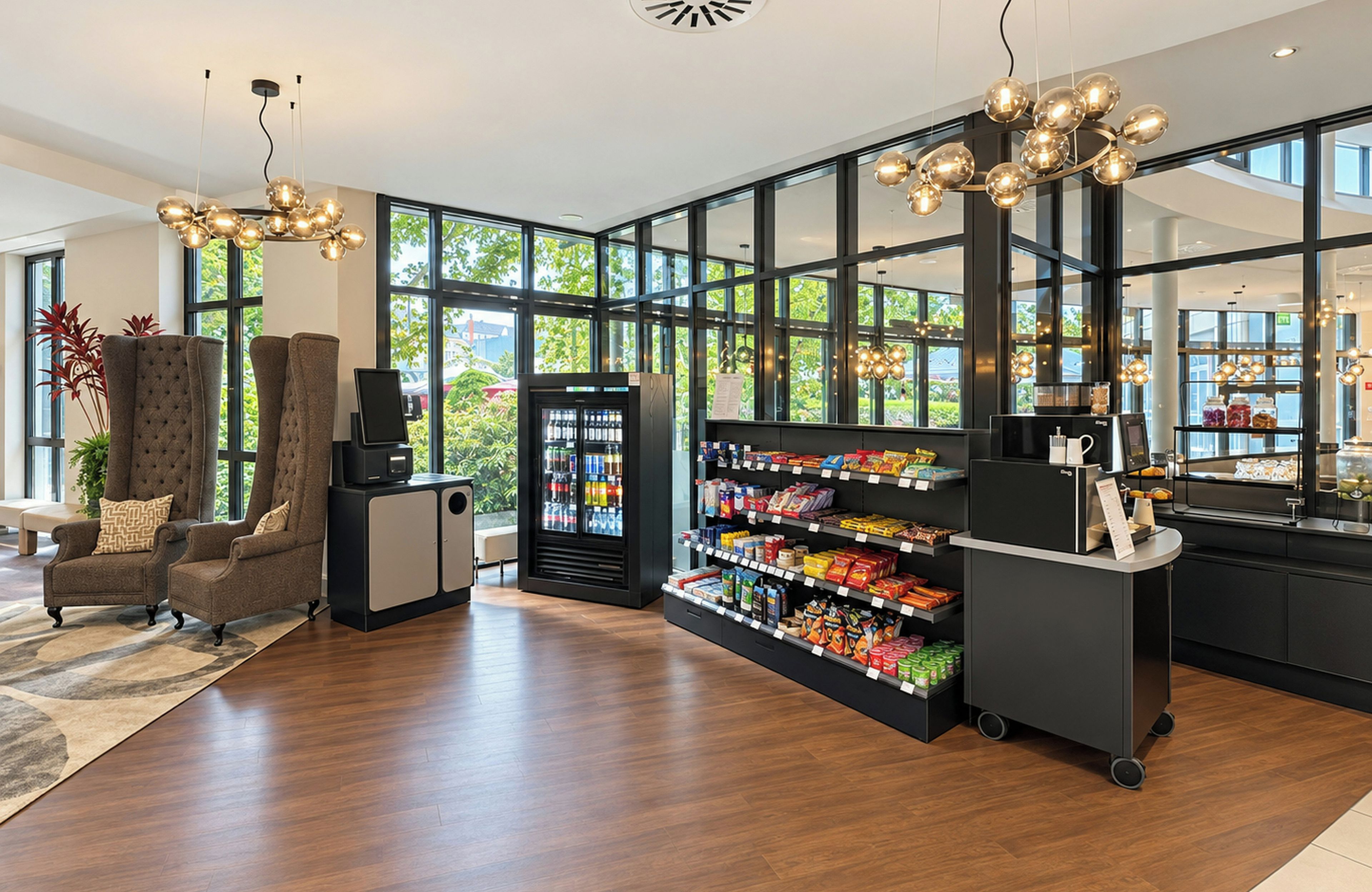 A modern retail space with a seating area, a beverage dispenser, and a variety of products on shelves.