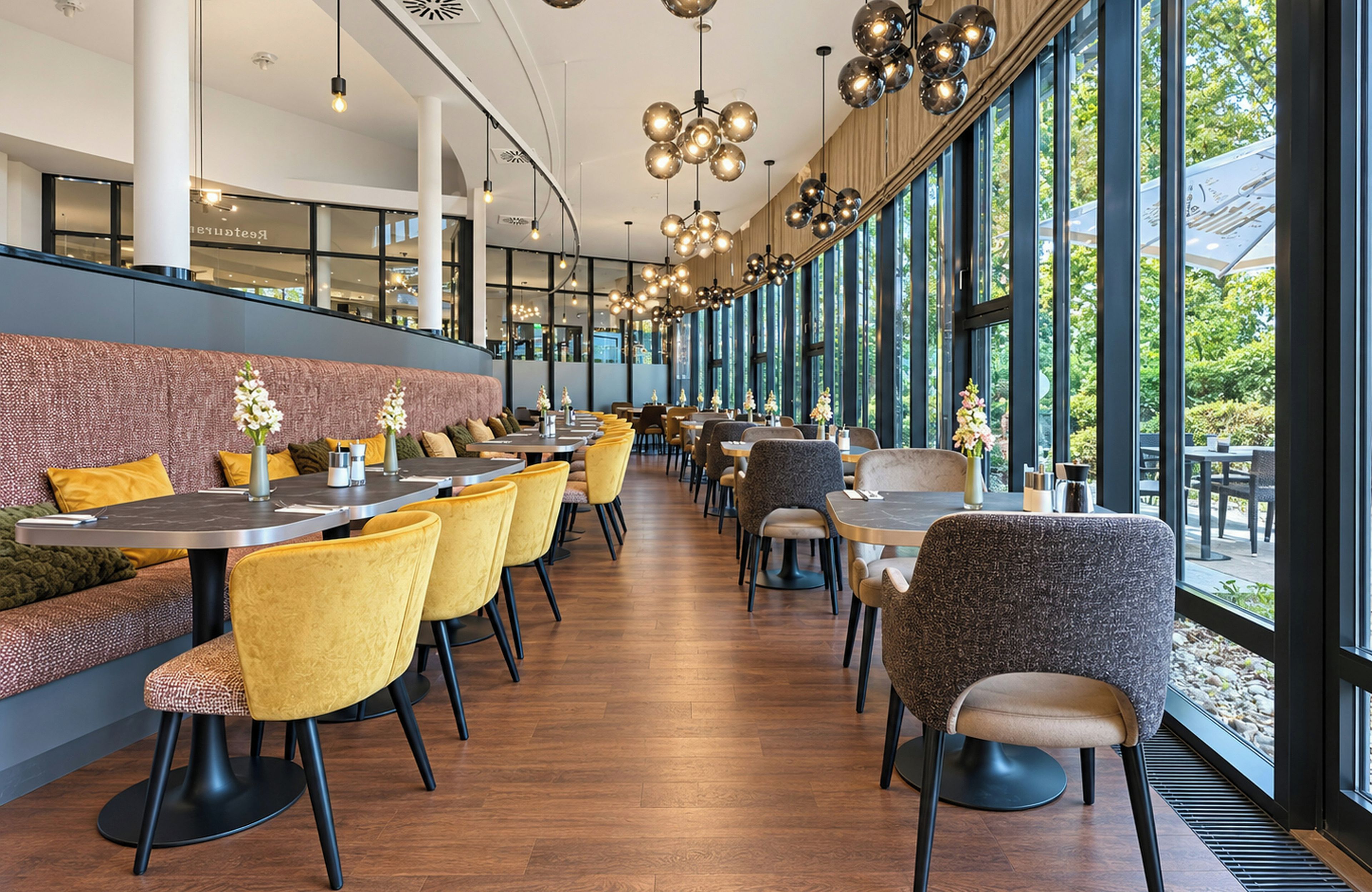 A modern restaurant interior with high ceilings, large windows, and a variety of seating options including booths and tables.