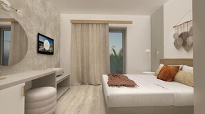 Une chambre d’hôtel moderne, équipée d’un lit, d’un bureau, d’une chaise, d’une grande fenêtre et offrant une vue sur la verdure environnante.