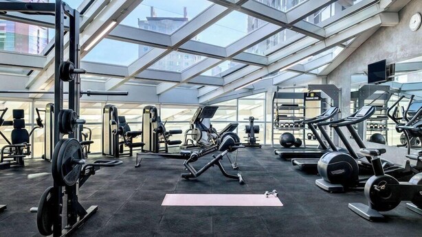 A modern gym with various exercise equipment, a skylight ceiling, and a city view. - Adagio Fujairah (Al-Fujairah)