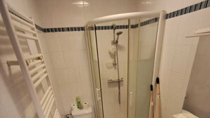 Une salle de bain avec douche, toilettes et lavabo.