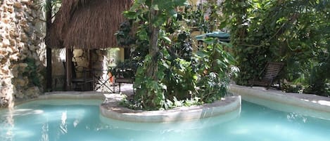 A pool surrounded by lush greenery and a thatched-roof structure.