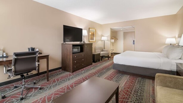 Habitación de hotel con cama, escritorio, silla, televisor y piso alfombrado.